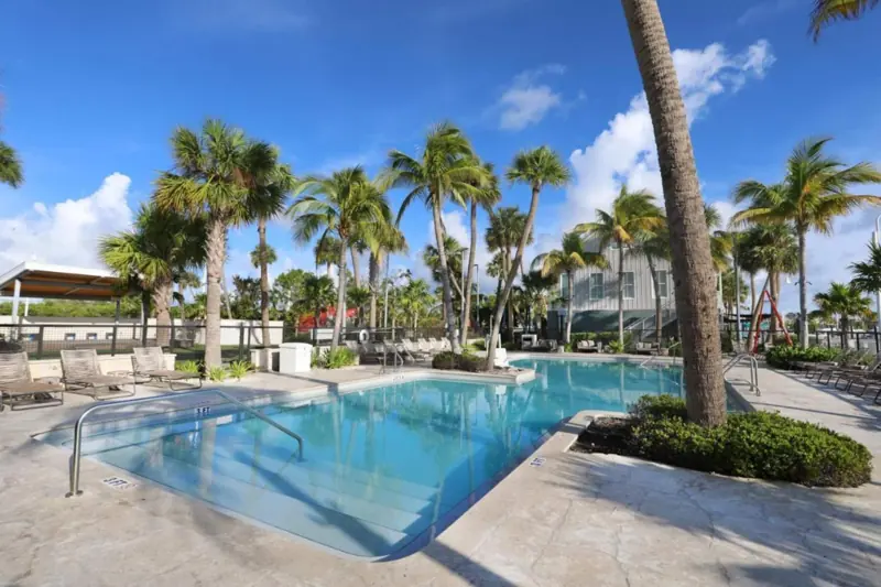Resort pool framed by palm trees at The Perry, Stock Island